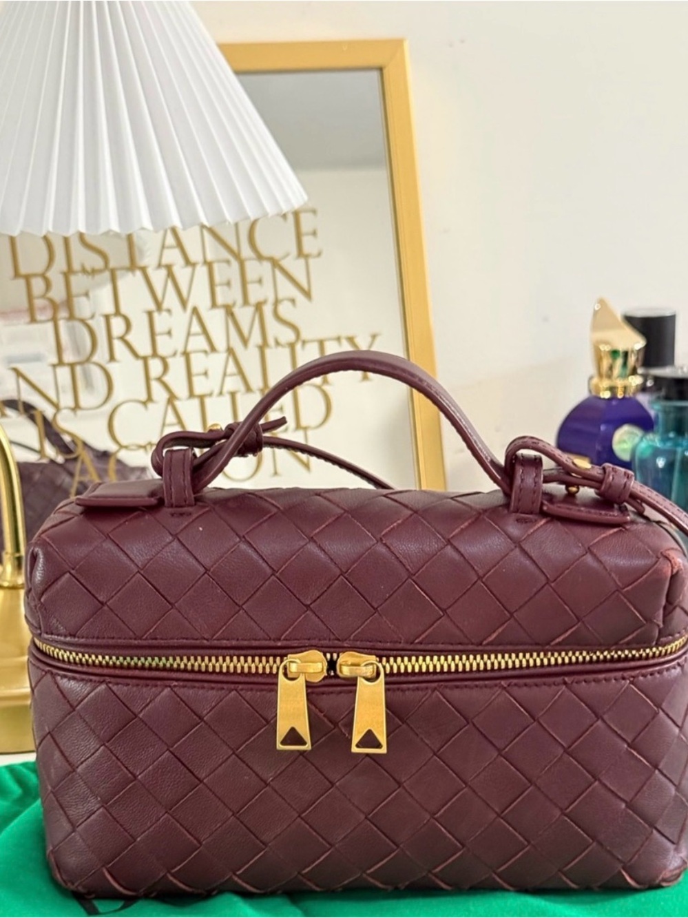 Quilted Leather Top-Handle Cosmetic Bag - Burgundy